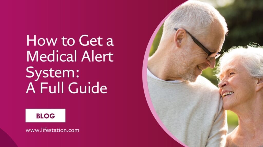 Elderly couple smiling and embracing outdoors, representing the guide on how to get a medical alert system.