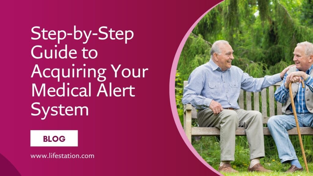 Two elderly men sitting on a park bench, discussing a step-by-step guide to acquiring a medical alert system