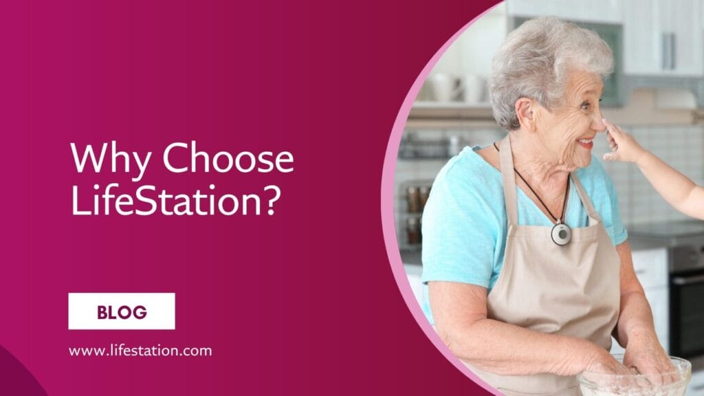 Smiling elderly woman in a kitchen, wearing a medical alert pendant, as a young child playfully touches her nose, symbolizing the importance of choosing the right medical alert system.