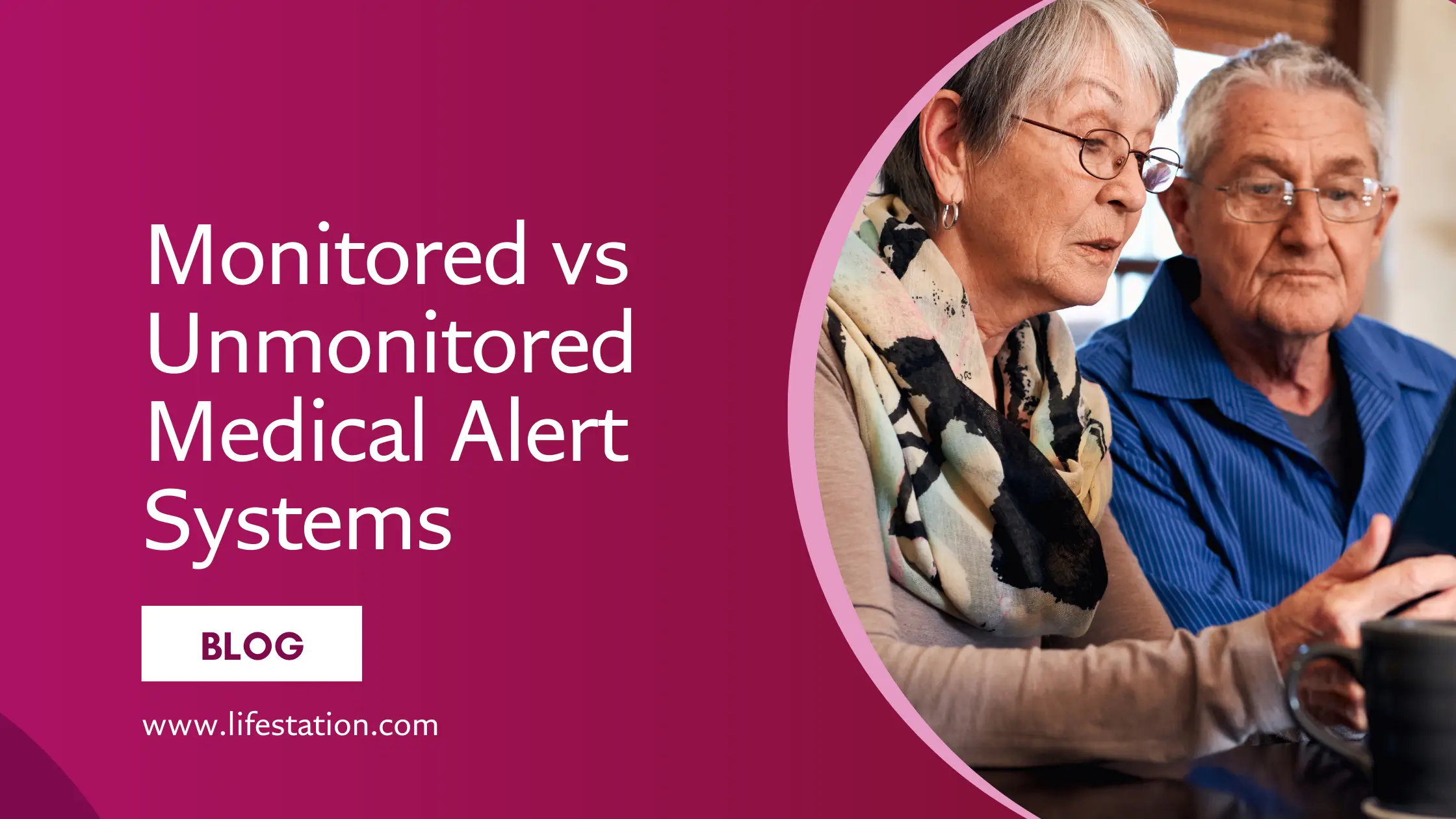 elderly couple looking at a tablet discussing the differences between monitored and unmonitored medical alert systems.