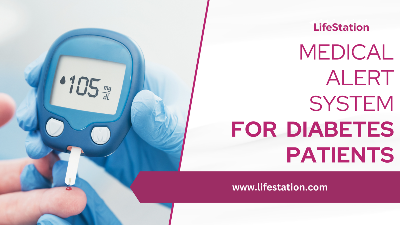 A promotional graphic for LifeStation's Medical Alert System, featuring an image of a person wearing blue medical gloves, holding a glucometer displaying a blood glucose level of 105 mg/dL. The right side of the image presents bold text that reads "Medical Alert System for Diabetes Patients"