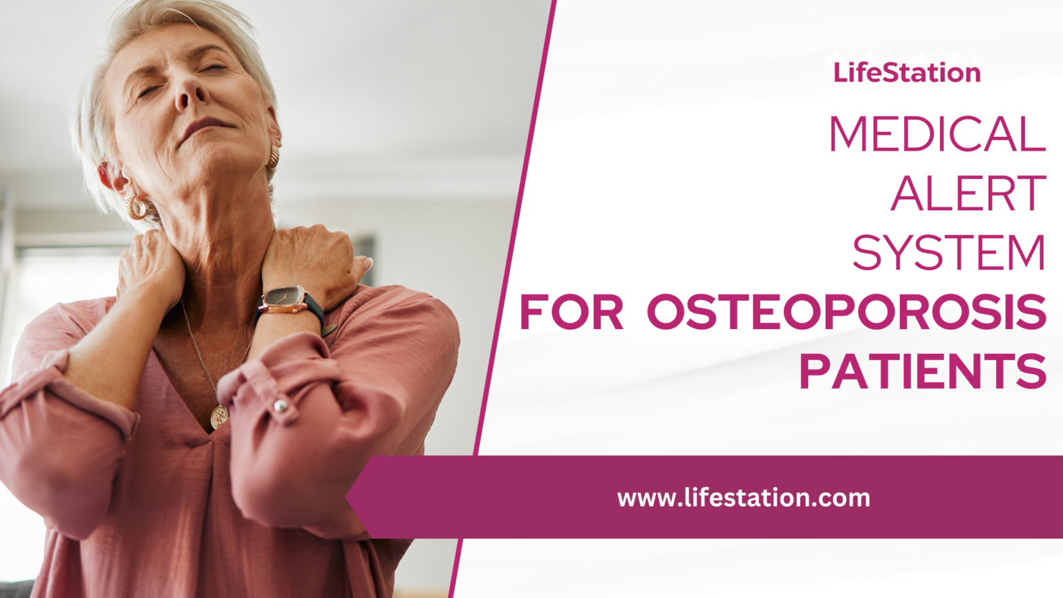 senior adjusting her neck, LifeStation provides security with out medical alert system for osteoporosis patients, ensuring help is always nearby.